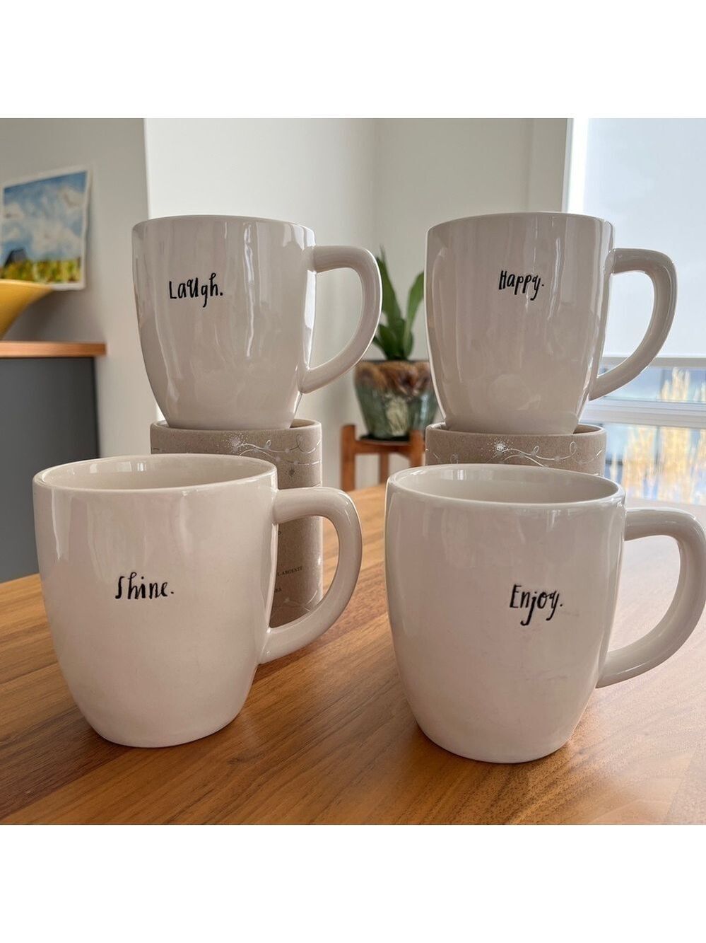 RAE DUNN Mugs Set of 4 Mugs Spell Out Laugh, Enjoy, Shine, Happy Gift Idea